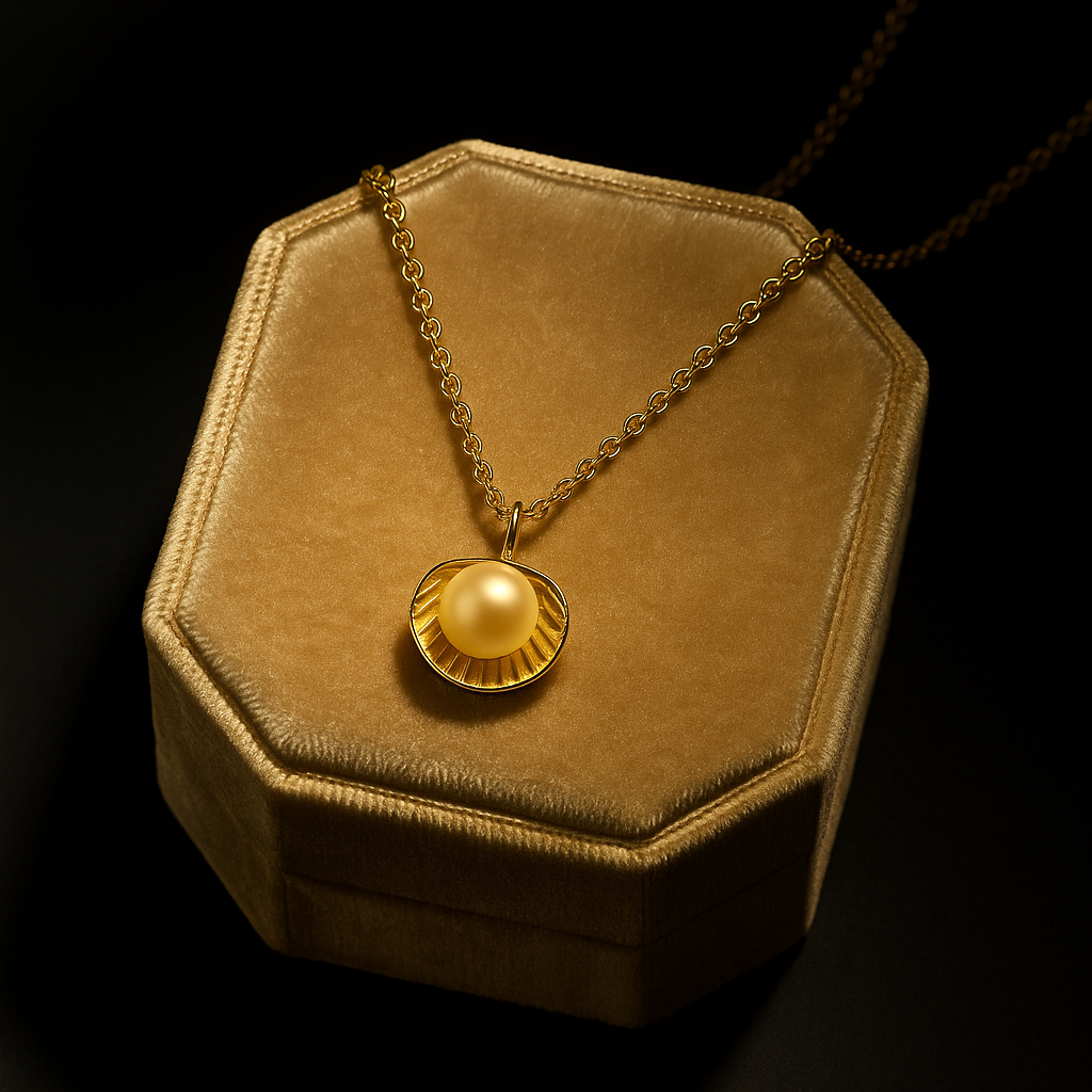 Gold necklace with a pearl pendant on a brown hexagonal jewelry box against a black background