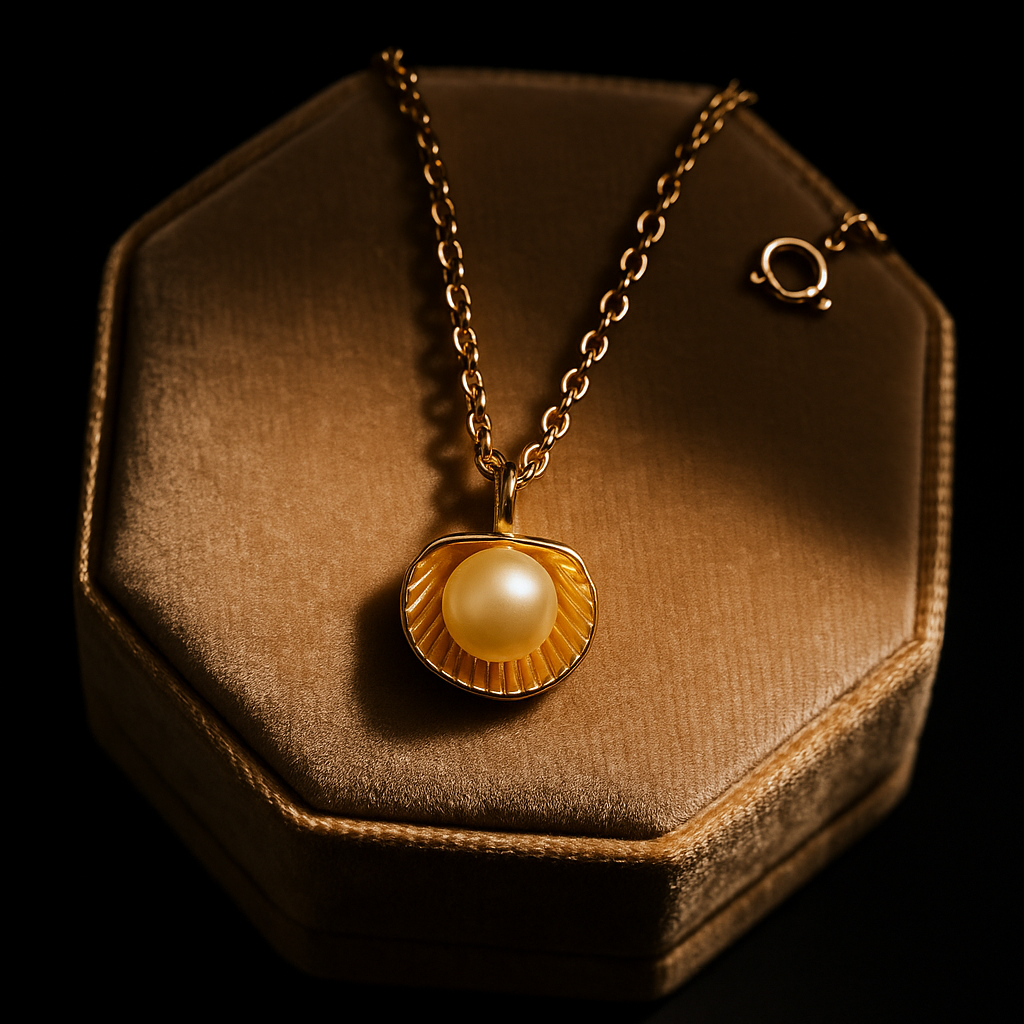 Gold necklace with a pearl pendant on a brown hexagonal jewelry box against a black background