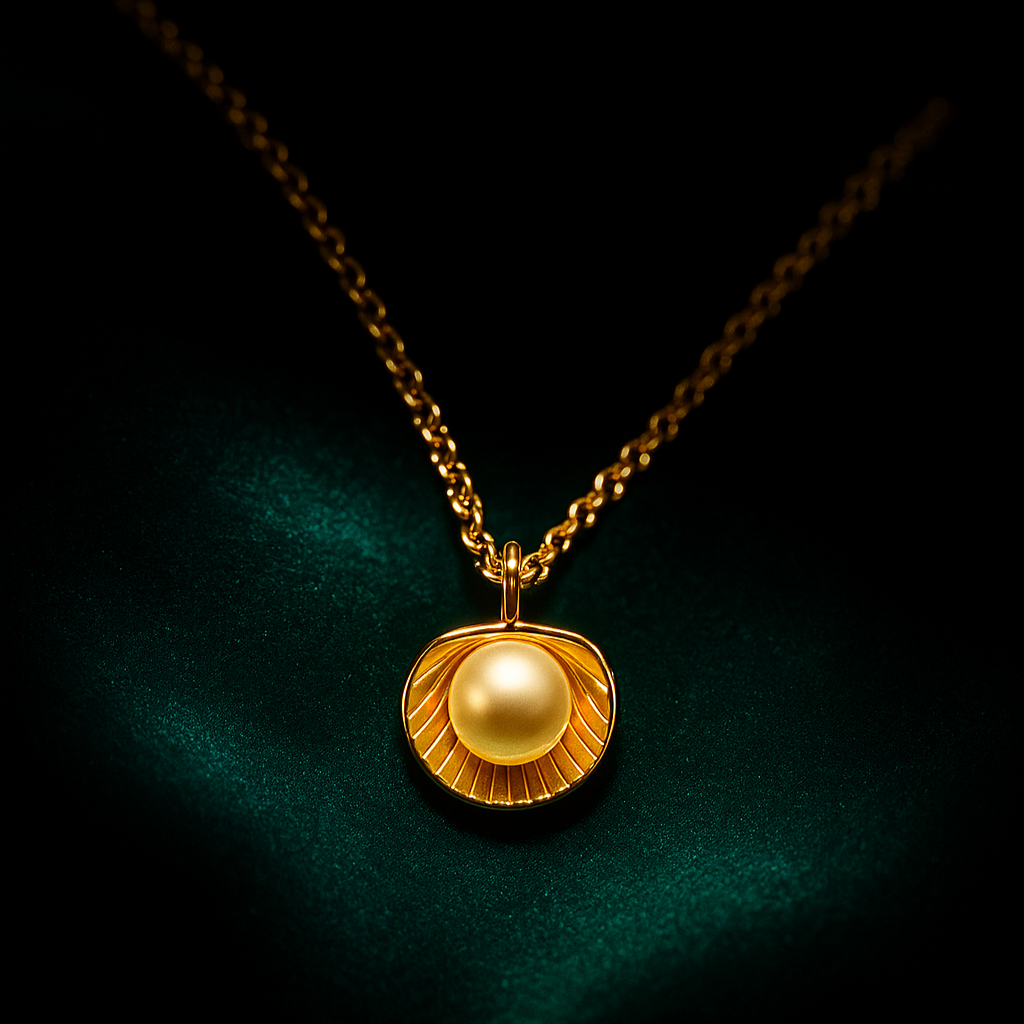 Gold necklace with a pearl pendant on a dark background