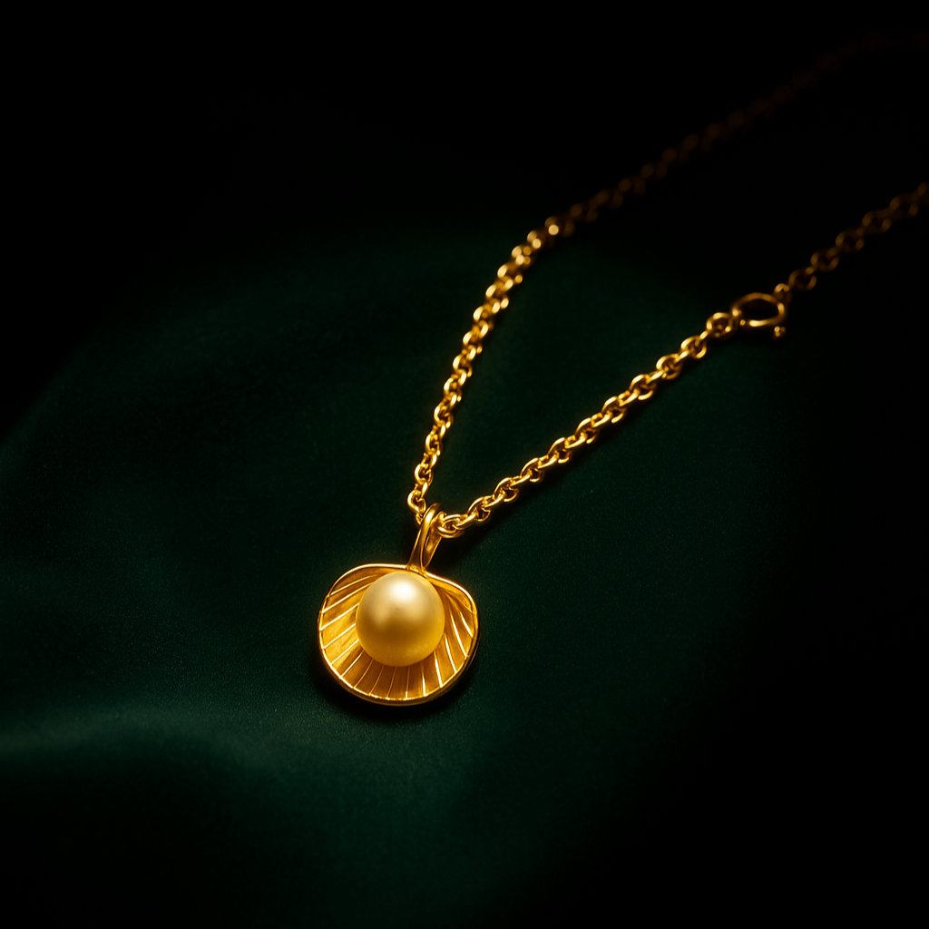 Gold necklace with a round pendant on a dark background