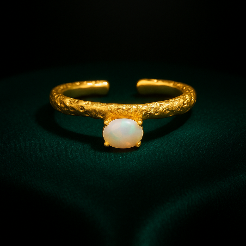 Gold ring with a central gemstone on a dark background