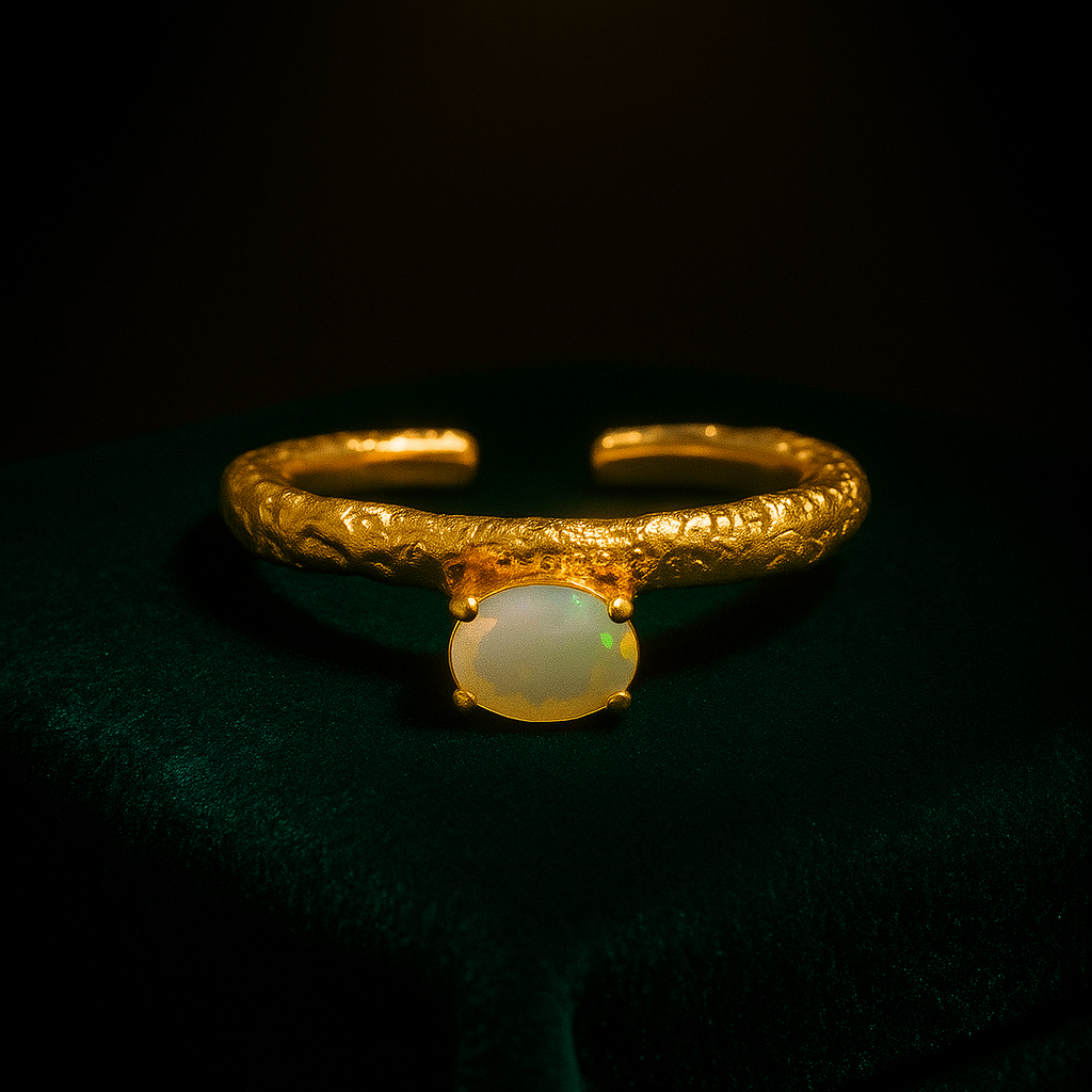 Gold ring with a central gemstone on a dark background