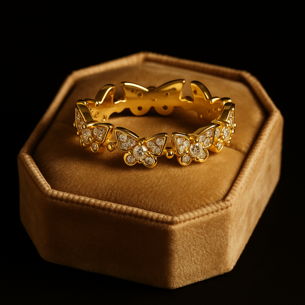 Gold ring with diamond accents on a brown velvet cushion against a black background
