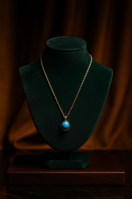 Necklace with a blue pendant on a green mannequin bust against a dark background