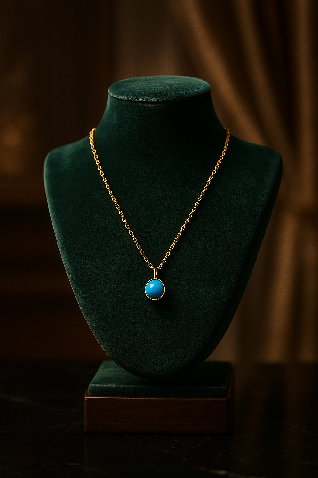 Gold necklace with a blue pendant on a green velvet stand against a dark background
