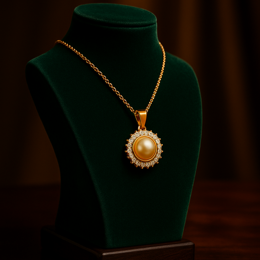 Gold necklace with a pendant on a green velvet stand against a dark background