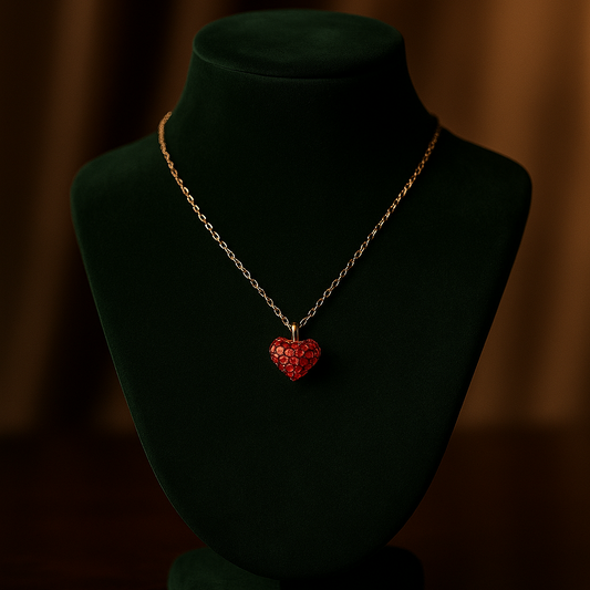 Red heart-shaped pendant on a chain displayed on a green velvet mannequin bust.