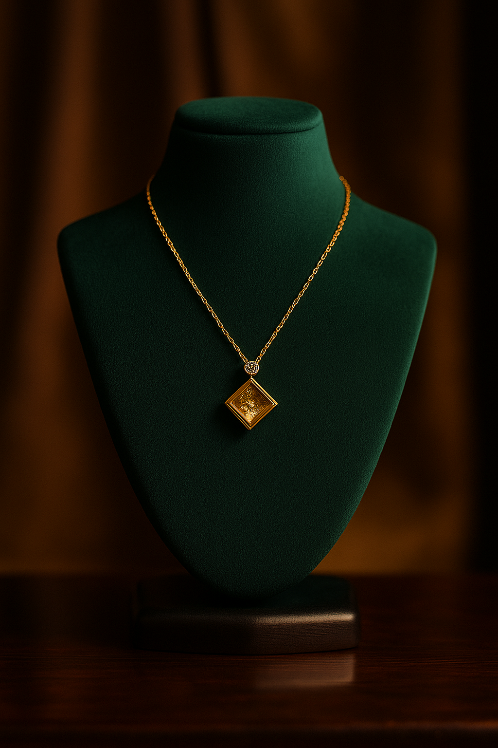 Gold necklace with a pendant on a green mannequin bust against a dark background