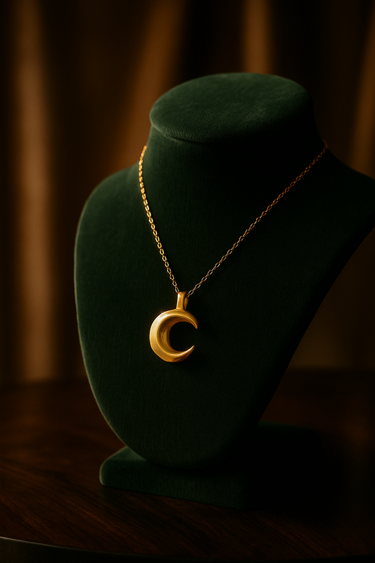 Gold necklace with a crescent moon pendant on a green velvet stand against a dark background