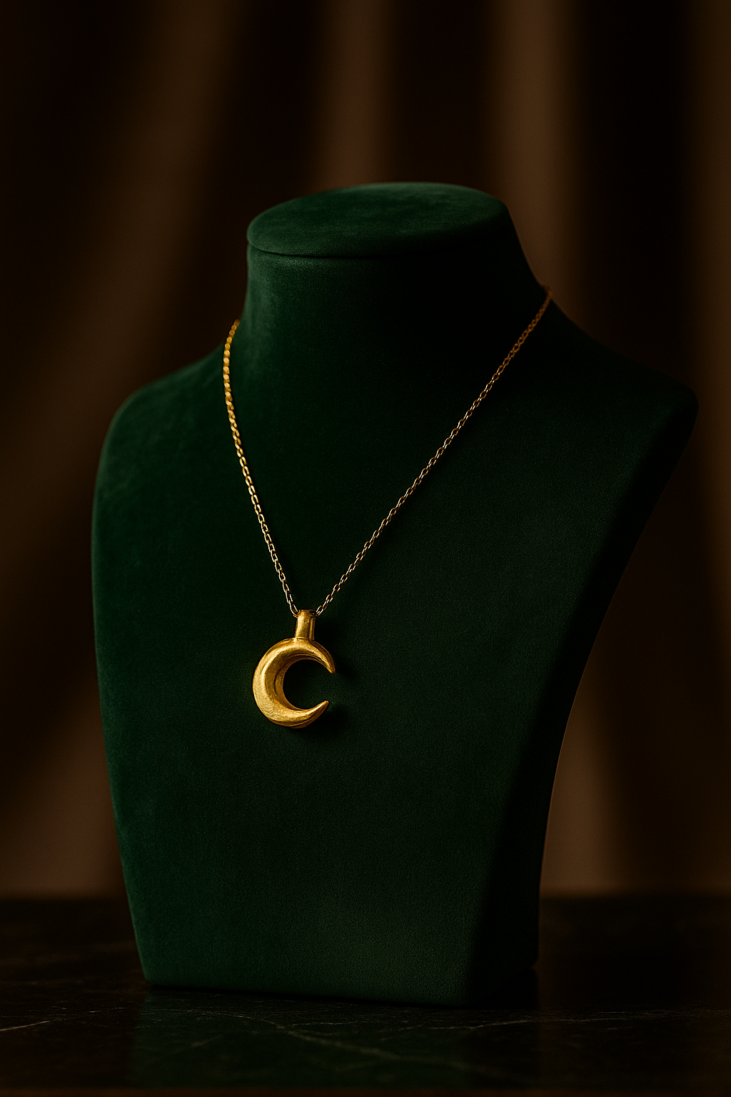 Gold necklace with a crescent moon pendant on a green velvet mannequin against a dark background