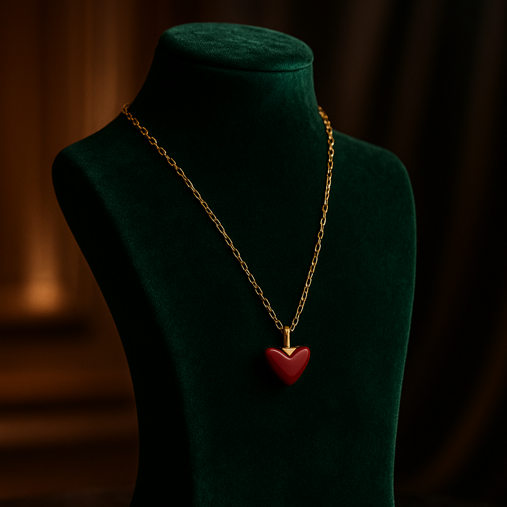 Gold necklace with a red heart pendant on a green mannequin against a dark background