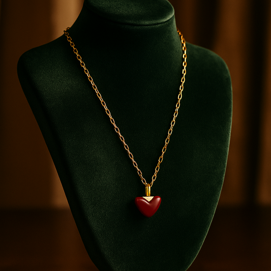 Gold necklace with a red heart pendant on a green velvet stand against a dark background