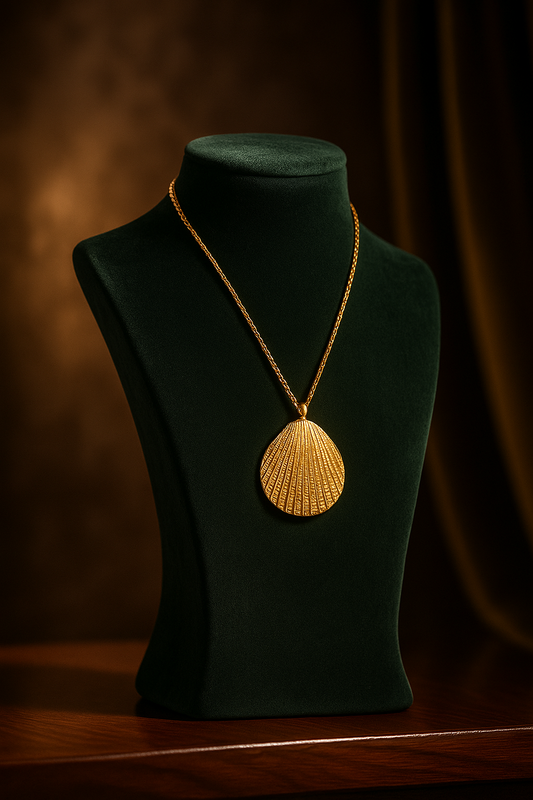 Gold necklace with a shell pendant on a green mannequin bust against a dark background