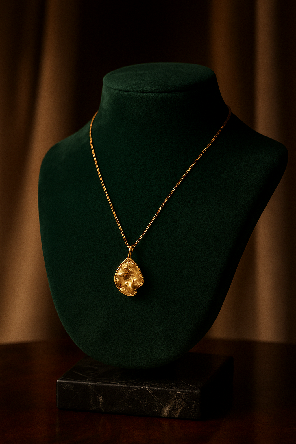 Gold necklace with a large pendant on a green velvet mannequin bust against a dark background