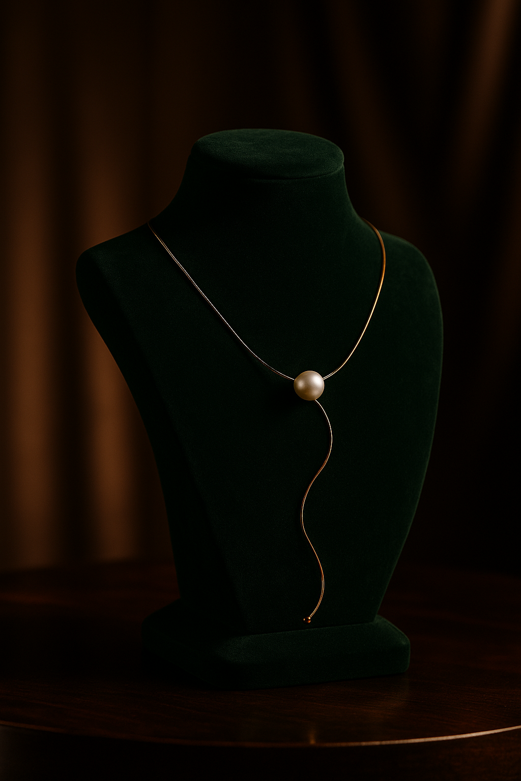 Necklace with a pearl pendant on a green velvet mannequin against a dark background