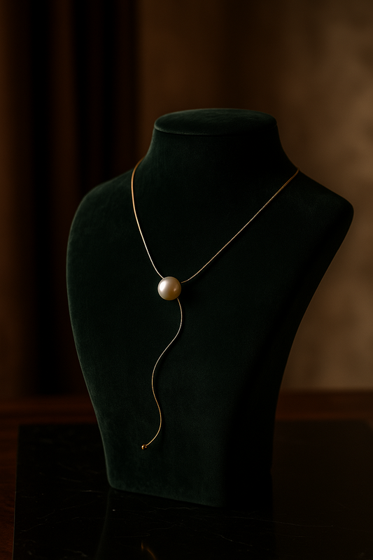 Necklace with a pearl pendant on a mannequin bust against a dark background