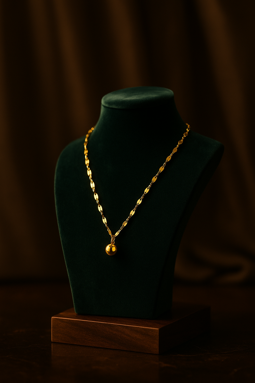 Gold necklace on a green velvet mannequin against a dark background