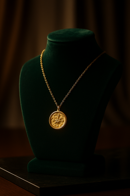 Gold necklace with a pendant on a green velvet mannequin against a dark background