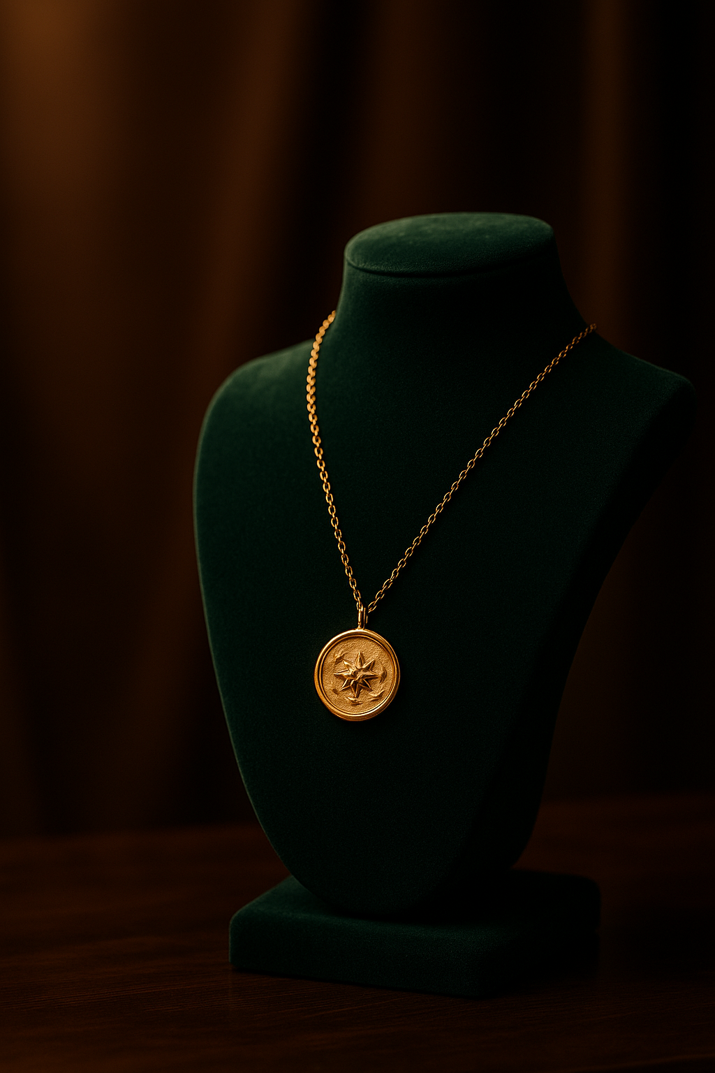 Gold necklace with a pendant on a green mannequin bust against a dark background