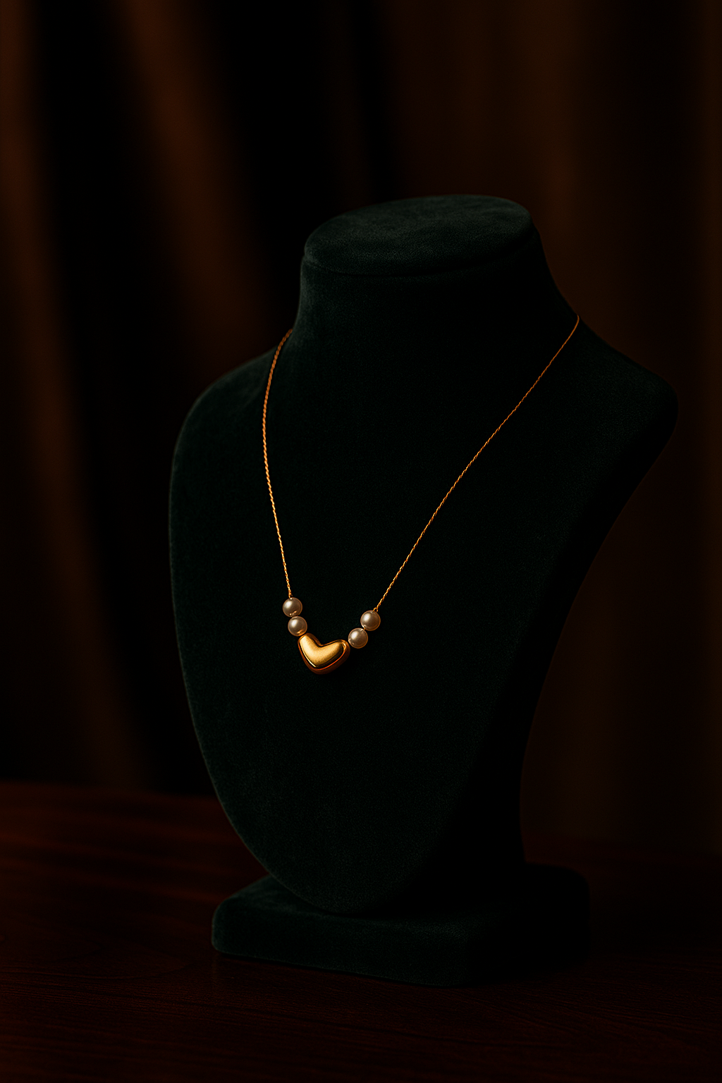 Gold necklace on a green mannequin against a dark background
