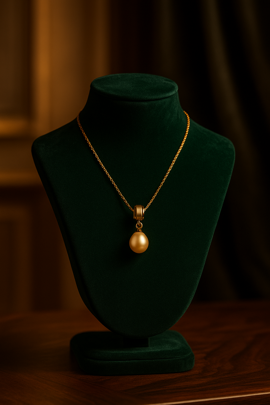 Gold necklace with a pendant on a green velvet mannequin against a dark background
