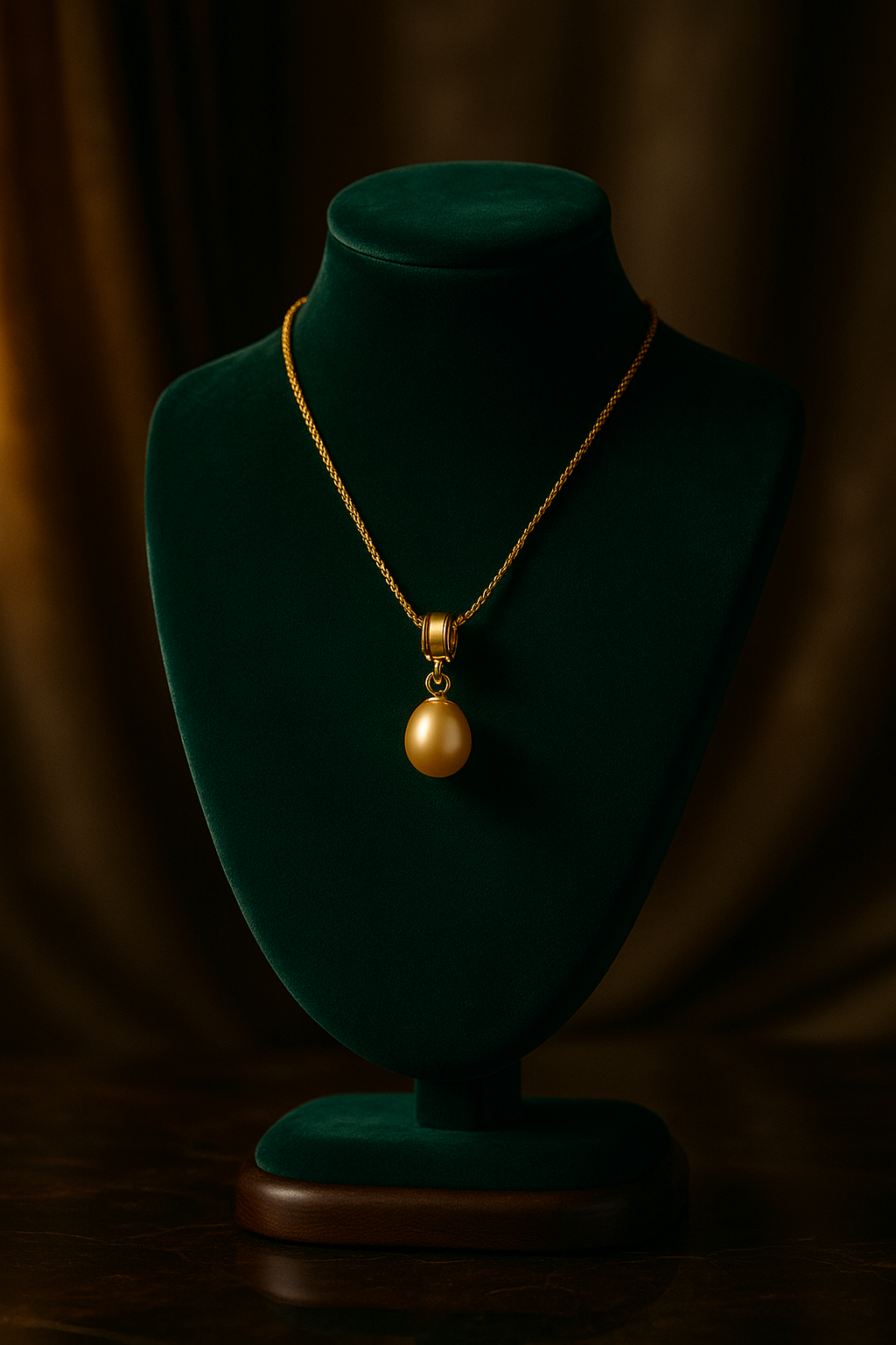 Gold necklace with a pendant on a green velvet stand against a dark background