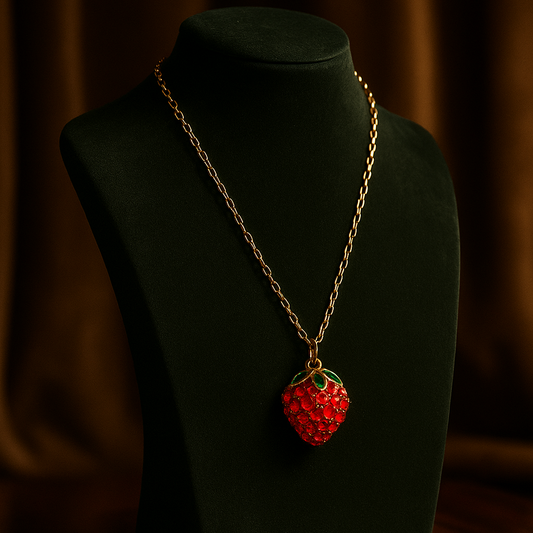 Red strawberry-shaped pendant on a gold chain displayed on a green mannequin bust.
