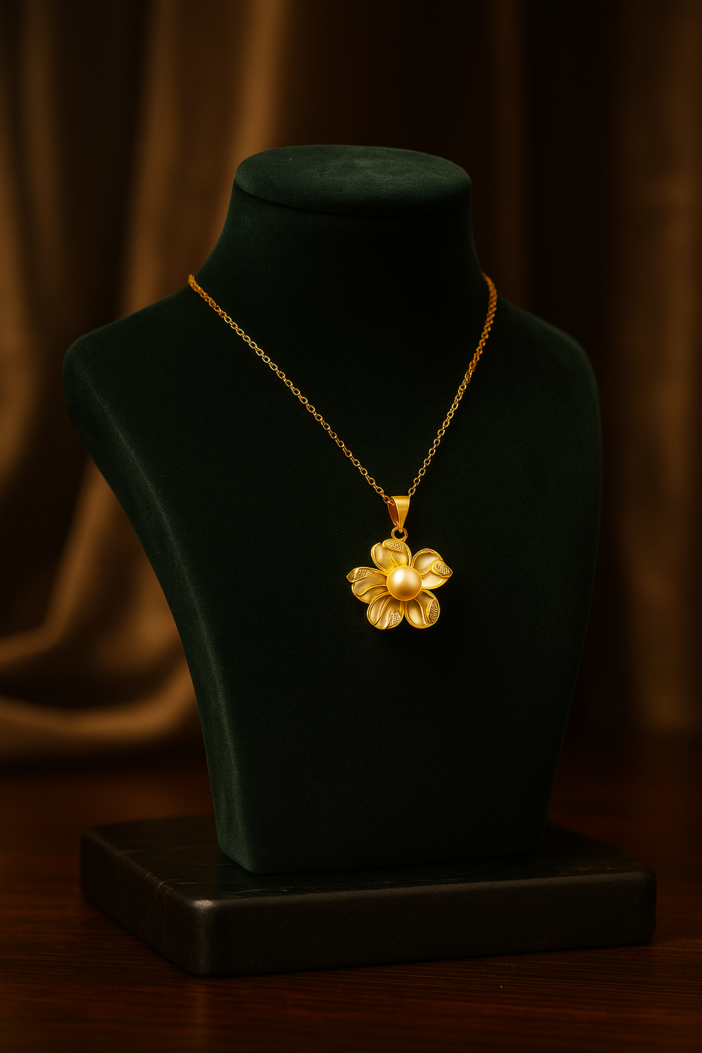 Gold necklace with a floral pendant on a green velvet stand against a brown curtain background