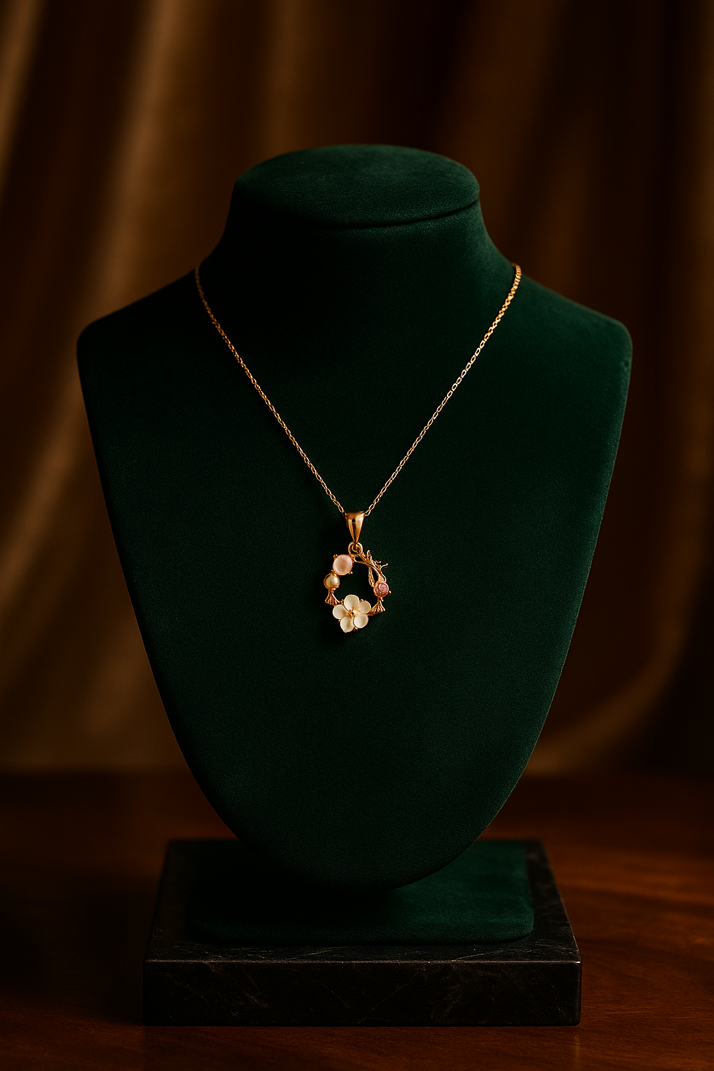 Gold necklace with a floral pendant on a green velvet bust against a dark background