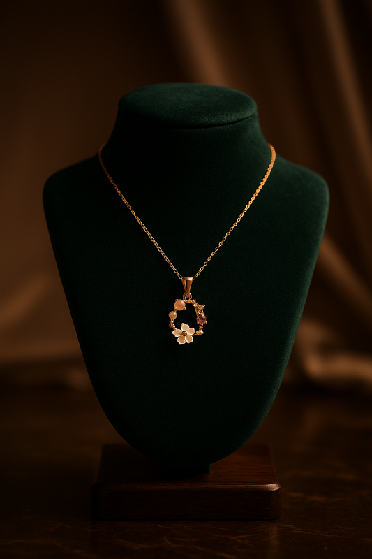 Gold necklace on a green velvet mannequin against a brown background