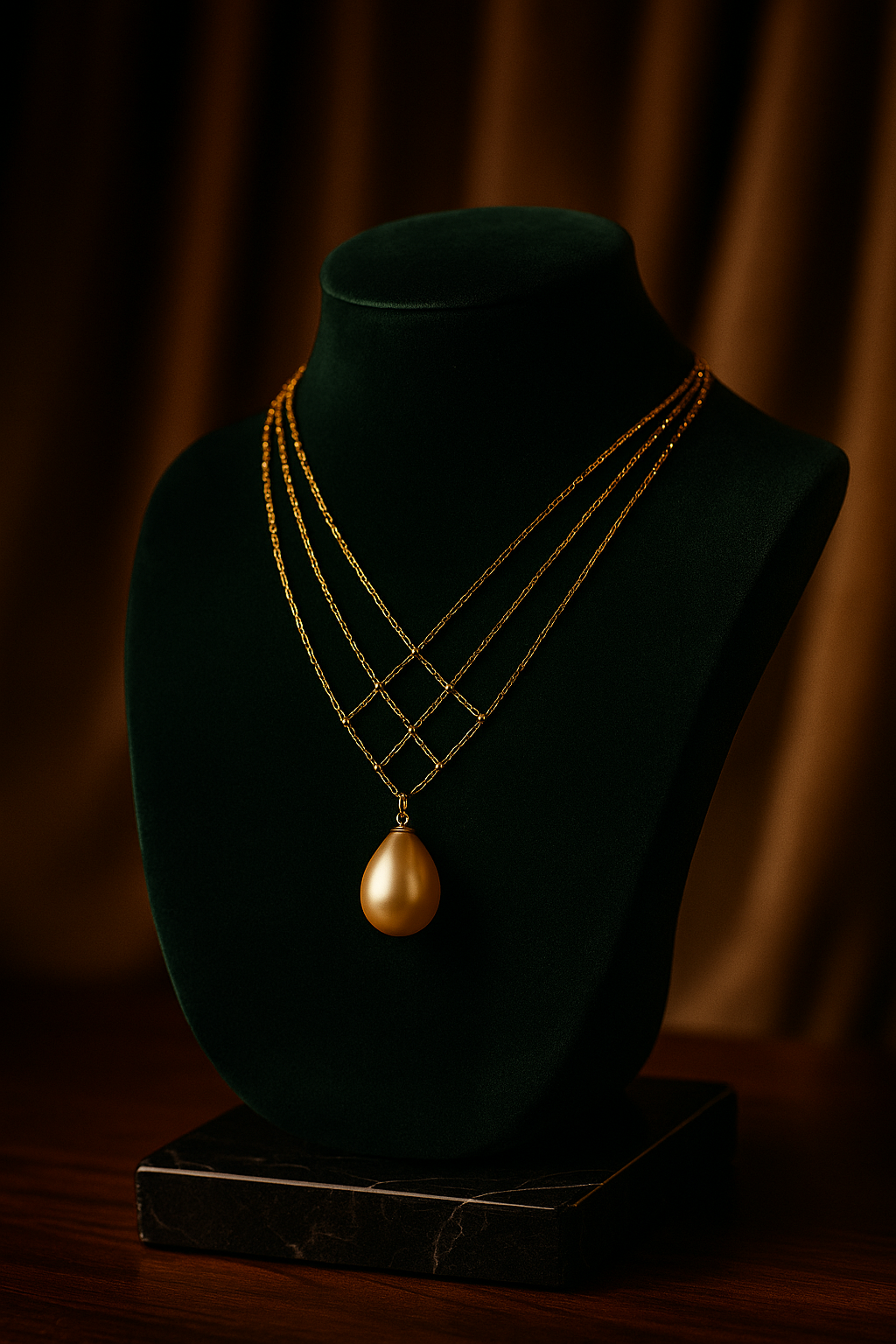 Gold necklace with a pendant on a black mannequin bust against a dark background