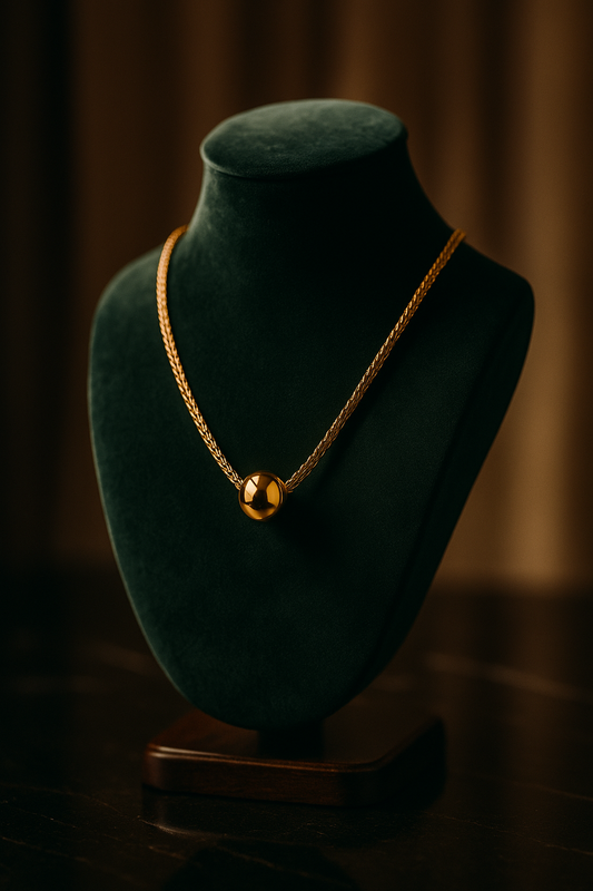 Gold necklace on a green velvet mannequin bust against a dark background