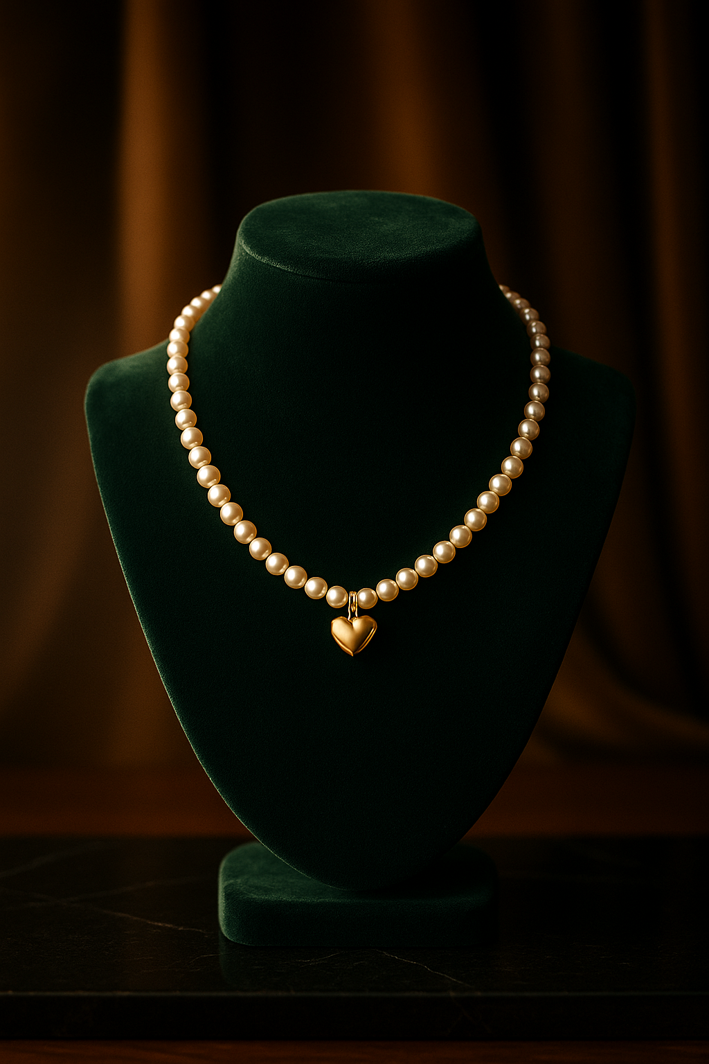Pearl necklace with a heart-shaped clasp on a green velvet stand against a dark background