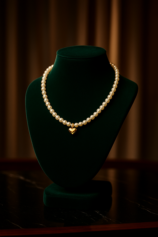 Pearl necklace with a gold heart pendant on a green velvet stand against a brown curtain background