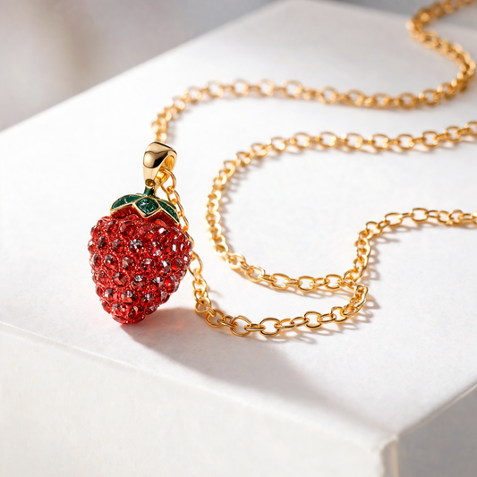 A gold chain necklace featuring a strawberry-shaped pendant encrusted with red crystals and accented with green leaves, displayed on a white surface.