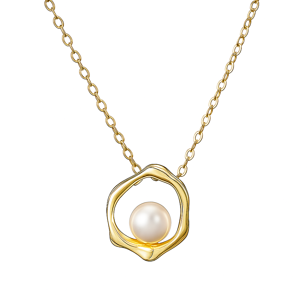 Gold necklace with a pearl pendant on a white background