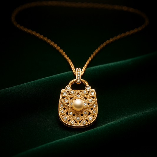 Gold necklace with a decorative pendant on a dark background