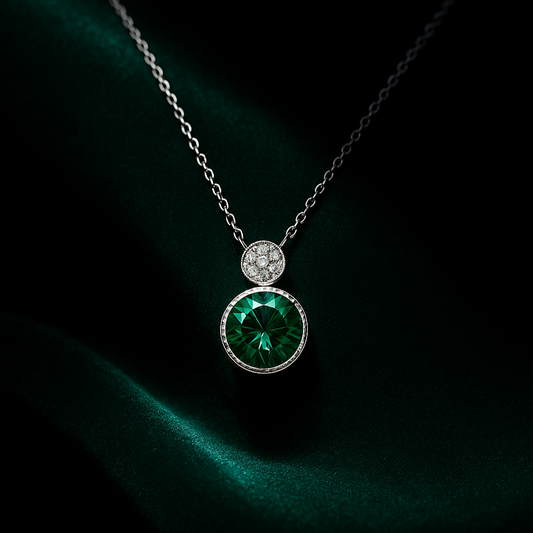 Necklace with a green gemstone pendant on a dark background