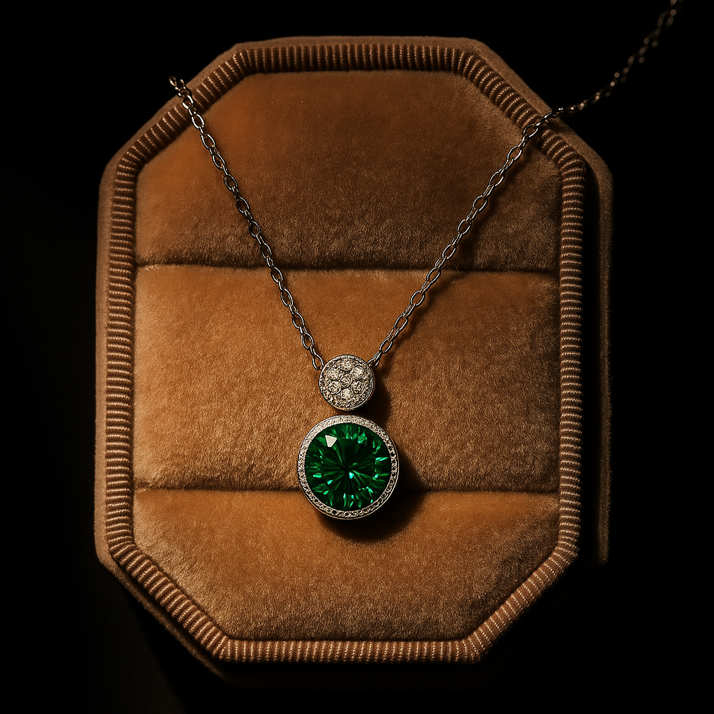 Necklace with a green gemstone pendant on a brown velvet stand against a black background