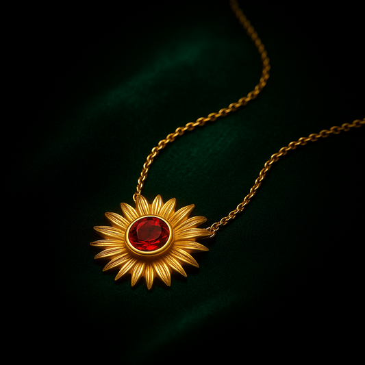 Gold necklace with a sunflower pendant and red gemstone on a dark background