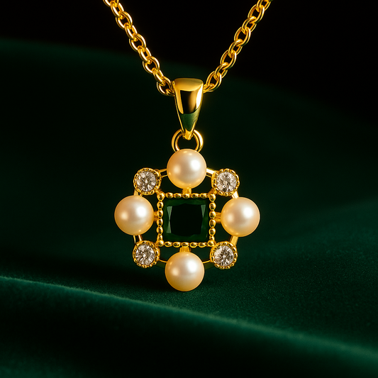 Gold necklace with a pendant featuring pearls and gemstones on a dark background
