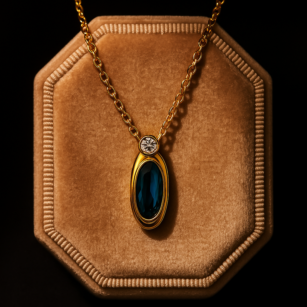 Gold necklace with a blue pendant on a brown velvet stand against a black background