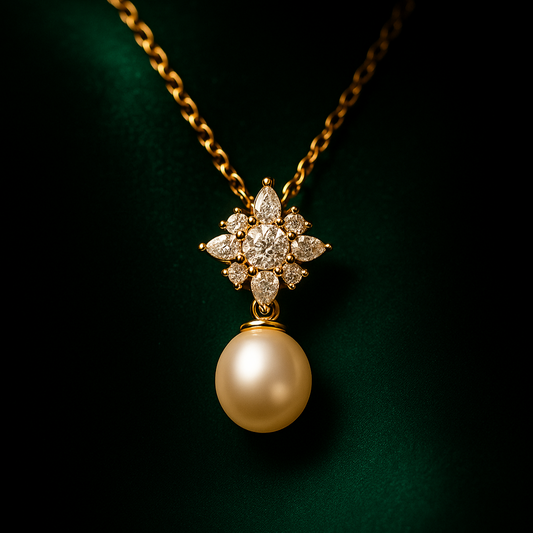 Gold necklace with a pearl pendant and diamond starflower clasp on a dark green background