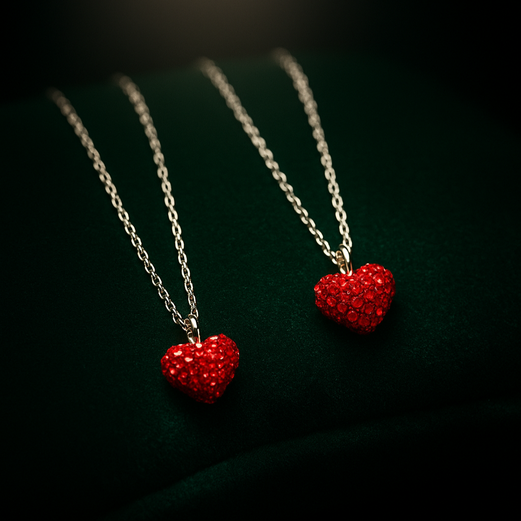 Two red heart-shaped pendants on silver chains against a dark background