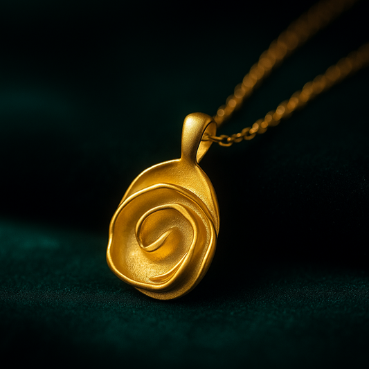 Gold rose-shaped pendant on a dark background