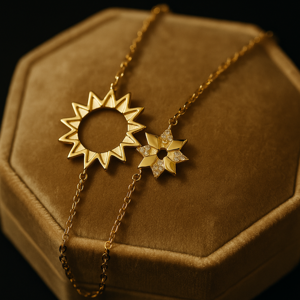 Gold necklace with sunflower pendant on a brown jewelry box