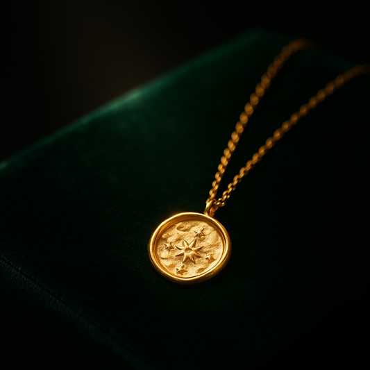 Gold necklace with a round pendant on a dark background