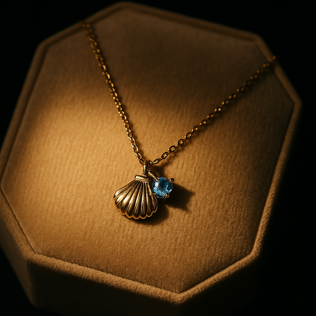 Necklace with a shell pendant and blue gemstone on a brown hexagonal stand against a dark background