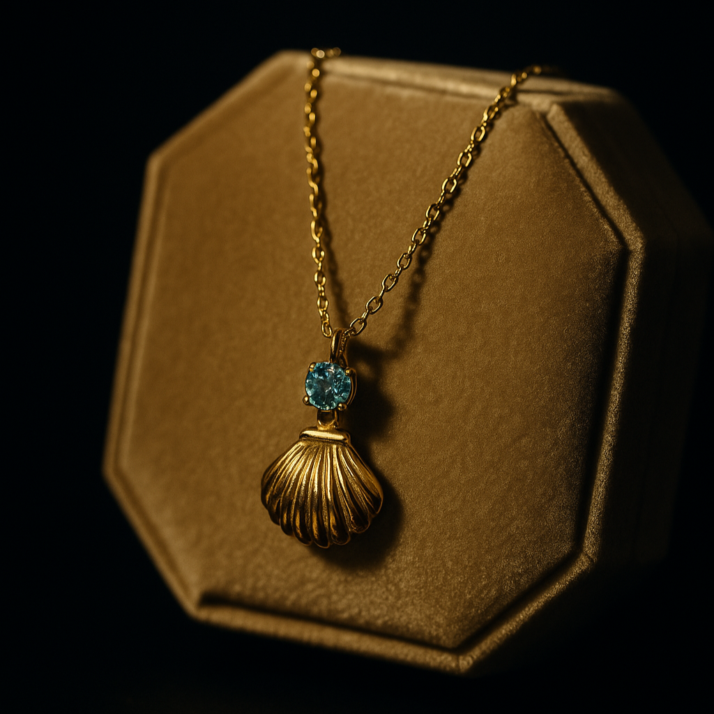Gold necklace with a shell pendant on a brown hexagonal stand against a black background