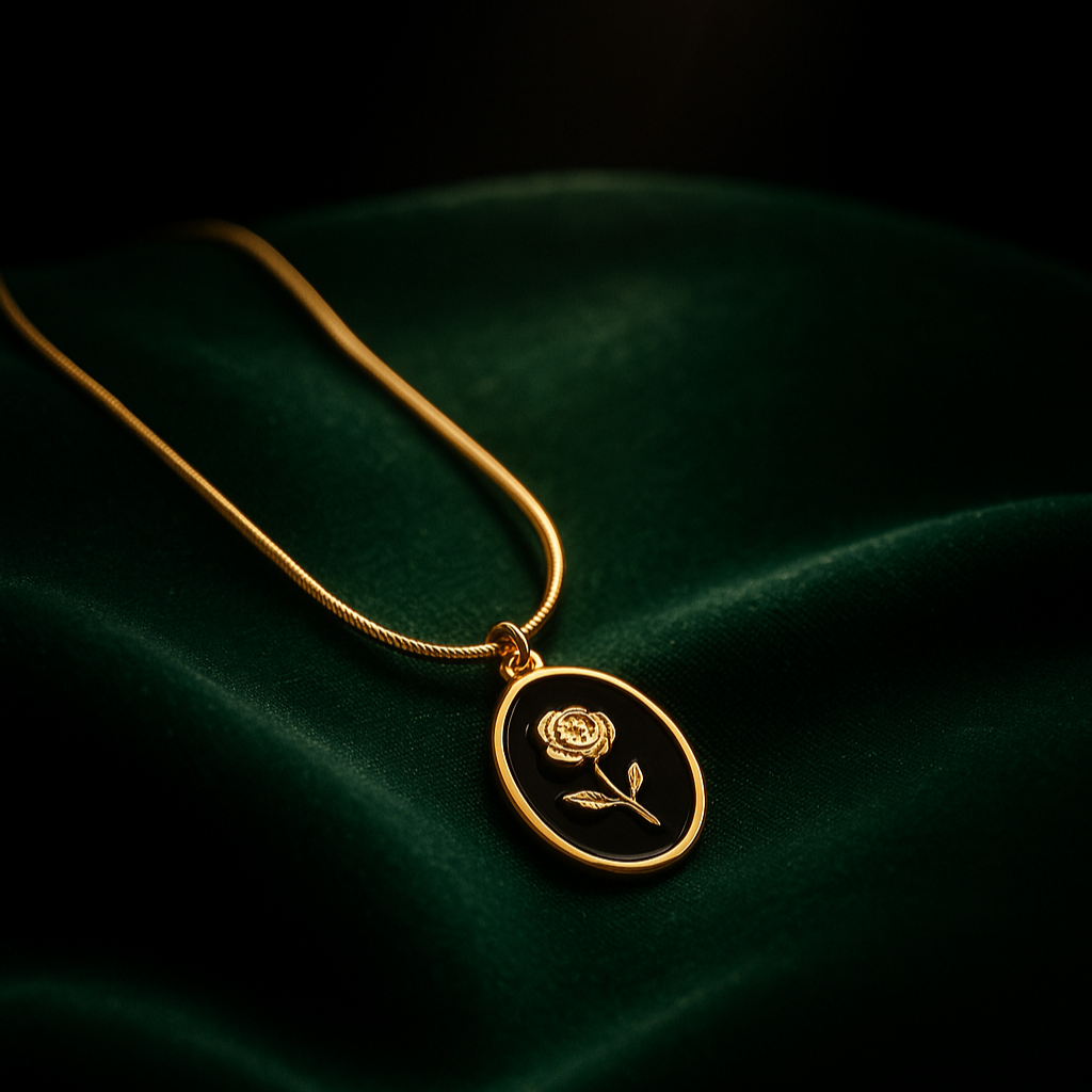 Gold necklace with a rose pendant on a dark green fabric background